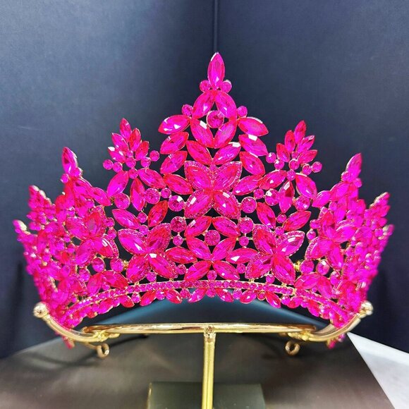 Quinceanera Crown, Fuchsia Crystal Crown, Crystal Bridal Tiara, Prom Gold Crown - Picture 1 of 9